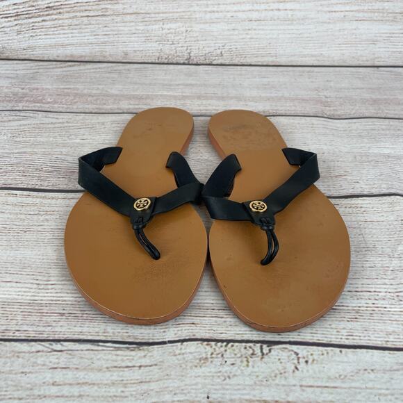 Tory Burch Manon Womens Sz 6.5 Thong Sandals Black Leather - Picture 3 of 9